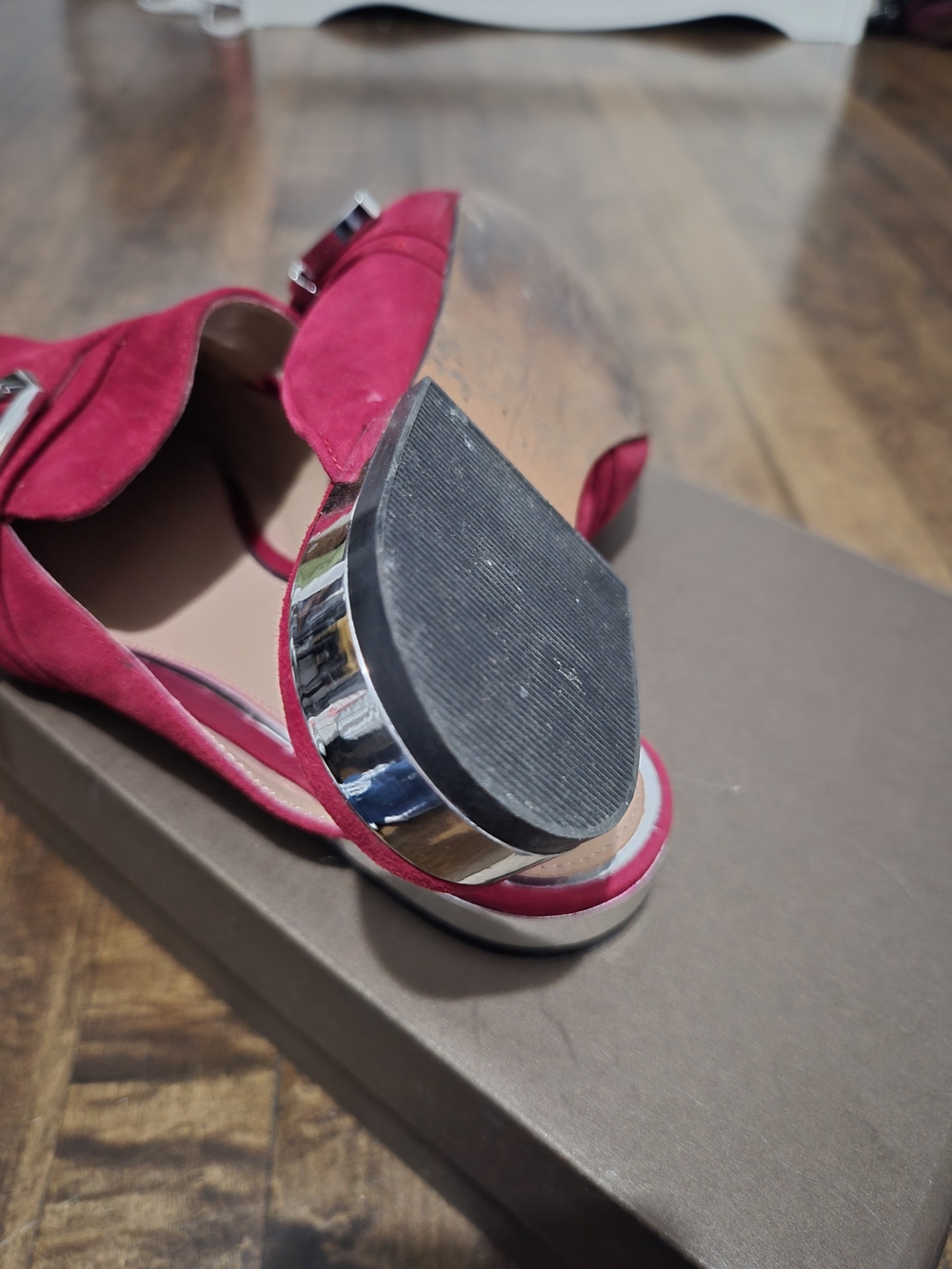 Pointed Red Suede Buckle Mules - Women - Picture 4 of 6